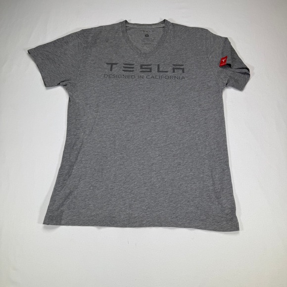 Tesla Designed in California Gray V-Neck Short Sleeve T-Shirt Logo Patch - Picture 1 of 5
